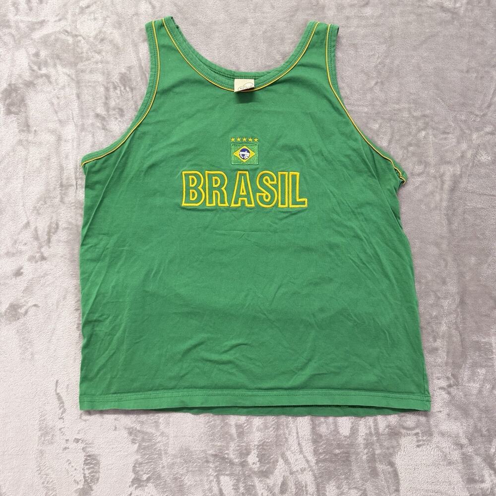 VTG Brasil Arte Green Yellow Block Letter Embroidered Tank Top Size L Large